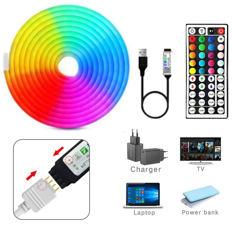 5V USB RGB Neon LED Strip Light 1M 2M 3M 4M 5M LED Neon Strip With App and 44key Remote Control For Home Decor Lights