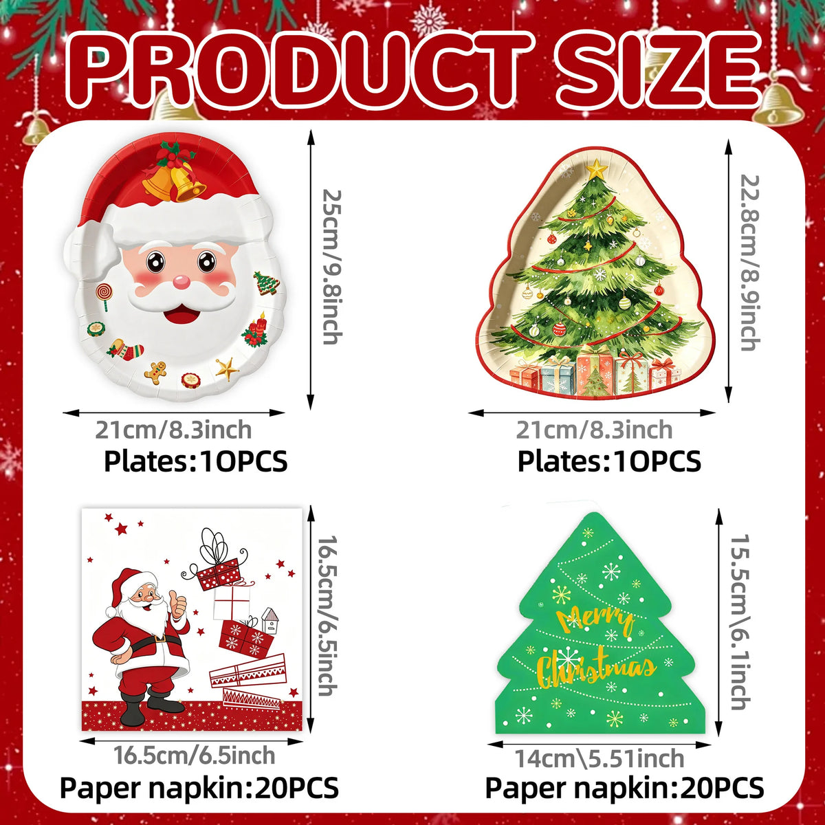Christmas Party Supplies, Santa & Christmas Tableware Set, Paper Plates Napkins for Xmas Holiday Family Dinner Party Decorations