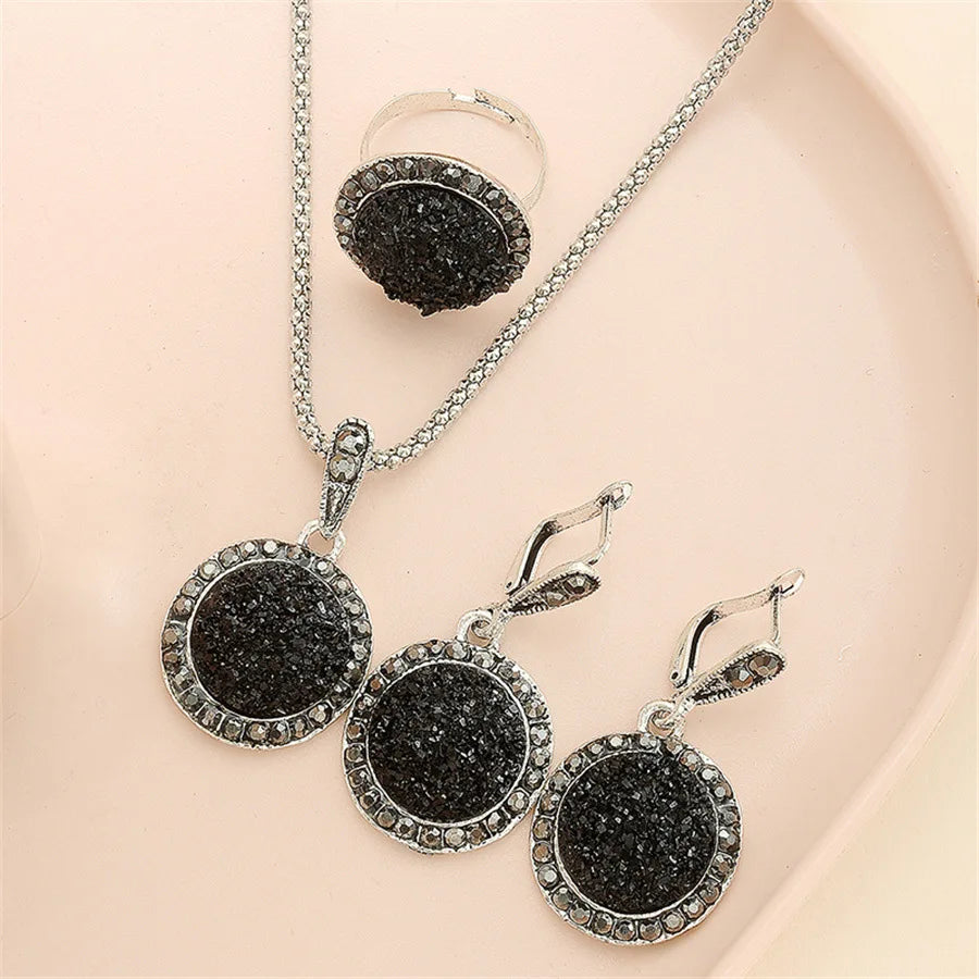 Fashion Black Ring Necklace Earrings Set Sparkling Charm Crystal