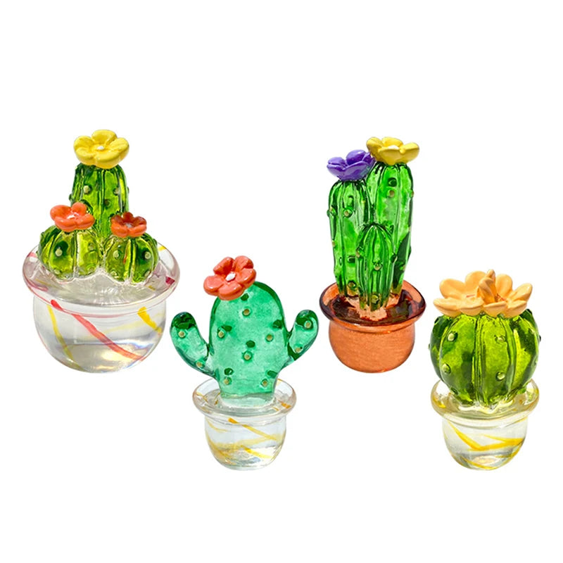 4 Pcs Handmade Resin Cactus Figurines Ornaments Mini Bonsai Cute Miniature Desktop Craft Home Decor Vehicle Ornament