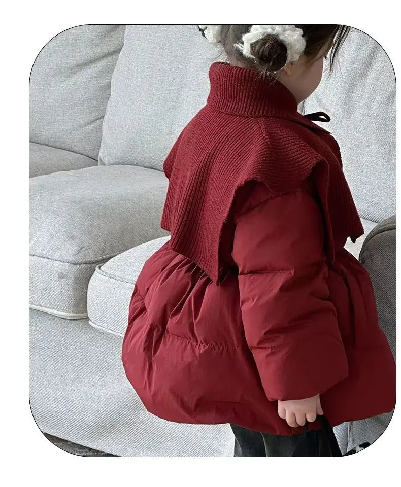 Beige/Red Girls Baby Winter Coats Knitted Shawl Thick Warm Jackets Fashion Kids Children Princess Clothes Overcoats Outerwear