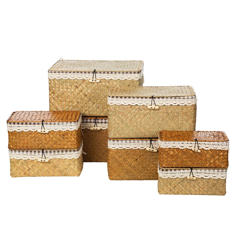 Wicker Basket with Lids Nautral Seagrass Storage Box Basket Woven Rectangular Bins Container Rattan Storage Kitchen Organizer