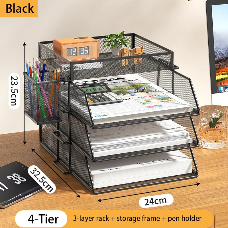 4-Tier Desk Organizer Stackable Tray Office Desk Organizer File and Desktop Holder for Paper Letter Accessories Black