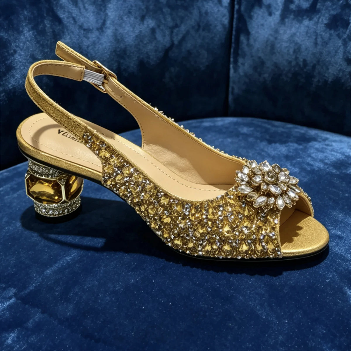 Sky Gold Elegant Nigerian Rhinestone Wedding Shoe and Bag
