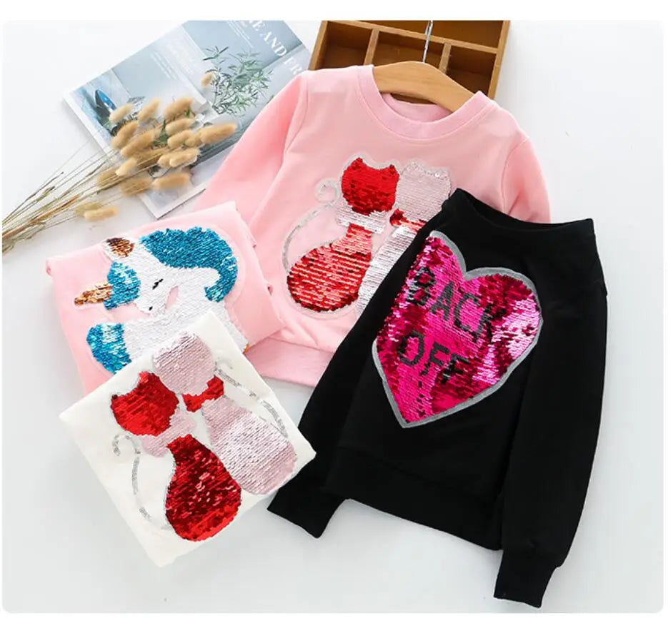 Cute Cat Baby Girls Hoody Sweatshirt Toddler Kids Cotton Sequins Cartoon Sweater Children Spring Autumn Clothes Tops