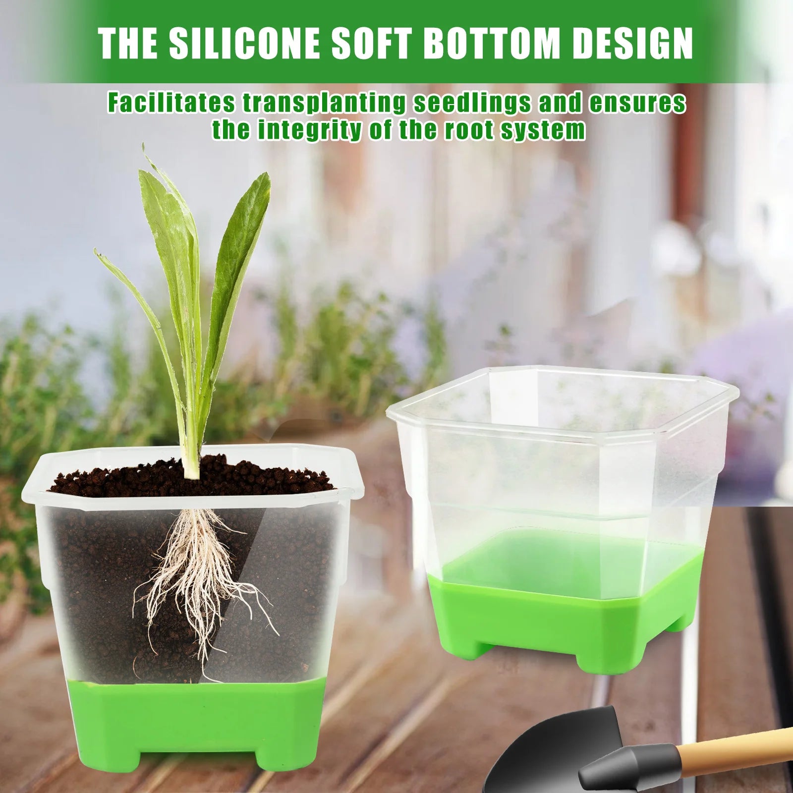 20pcs Seedling Pots - Reusable square planters with flexible silicone base and drainage holes to promote seedling root growth.