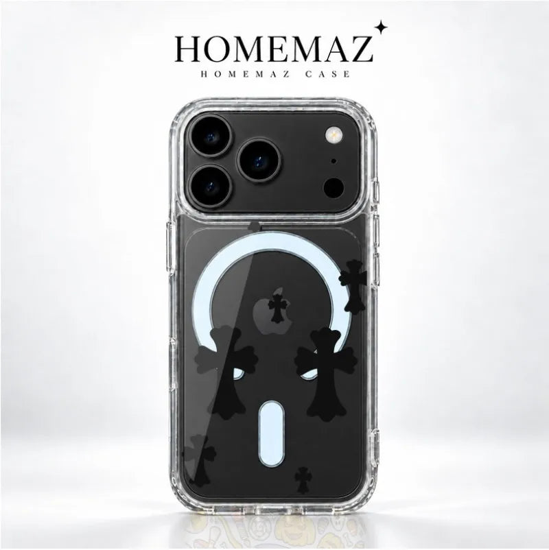 Clear Magnetic Case for iPhone with Gothic Cross Print, Slim Shockproof Soft Cover, Raised Camera Guard, Wireless Charging Support