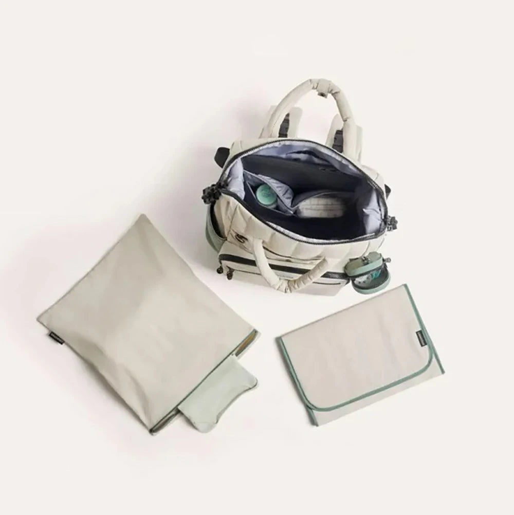 White and Green Contrast Backpack Diaper Bag