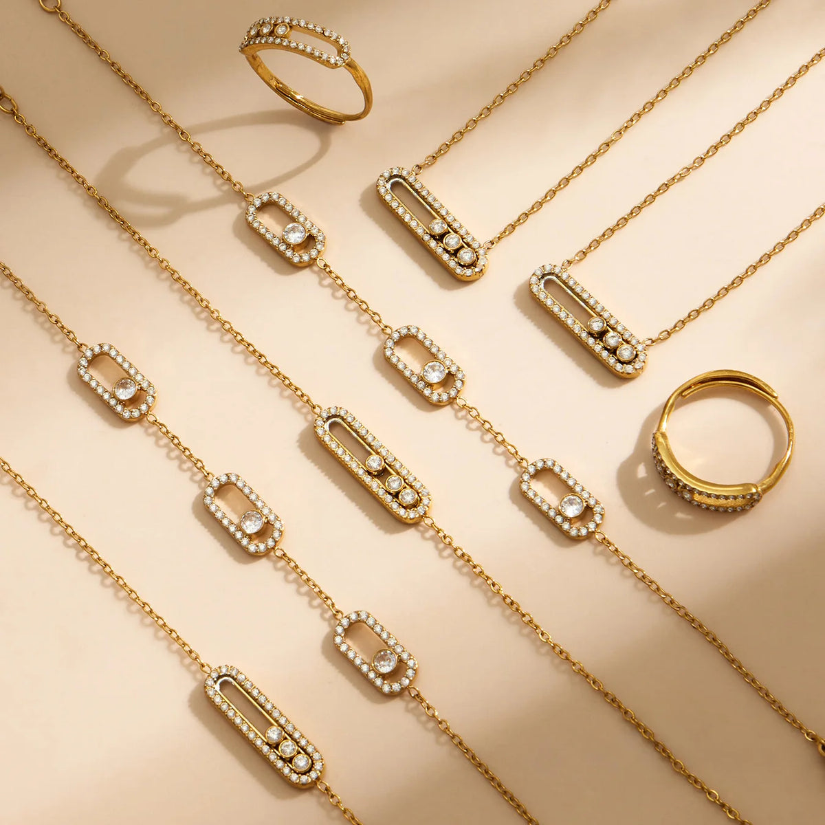 Three Slidable Zircon Pendant Necklace Bracelet Ring 18k Gold Plated Stainless Steel Chain Necklaces Bracelets Rings Jewelry Set