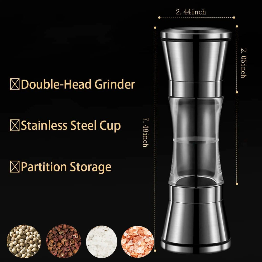 2-in-1 Adjustable Pepper Salt Grinder - Rustproof Stainless Steel Manual Mill with Double Heads & Coarseness Control