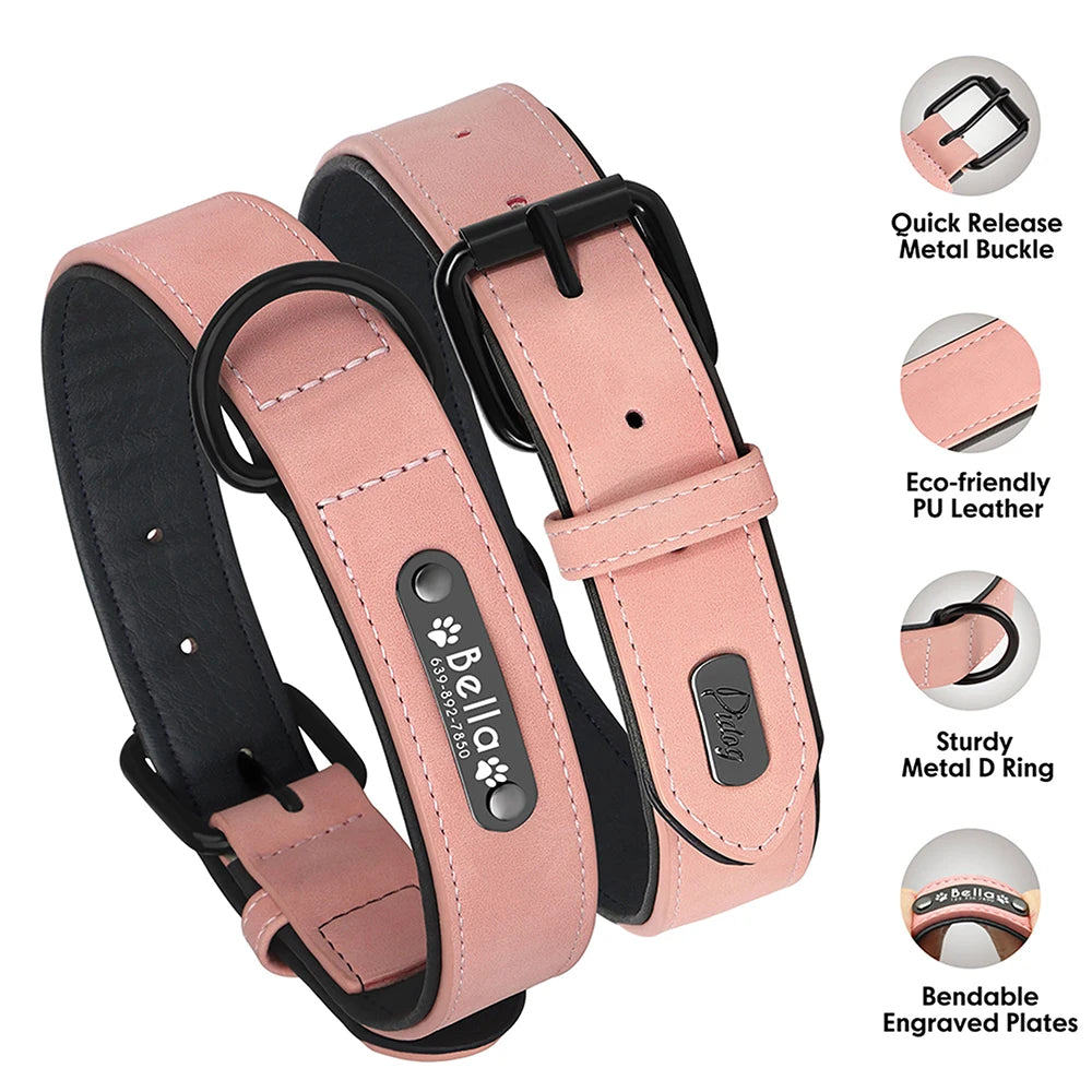 Personalized  PU Leather Dog Collar Soft Padded Pet Dog Collars Engraved Name Paw Durable Necklace for Small Medium Large Dogs