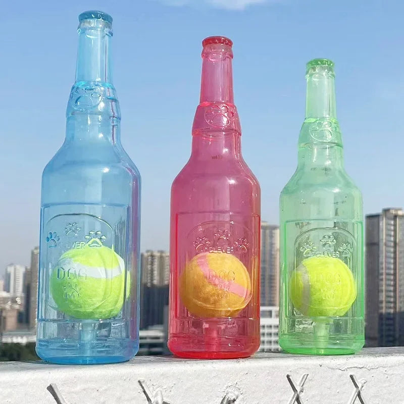 Dog Chew Toy Squeaky Silicone Beer Bottle With Tennis