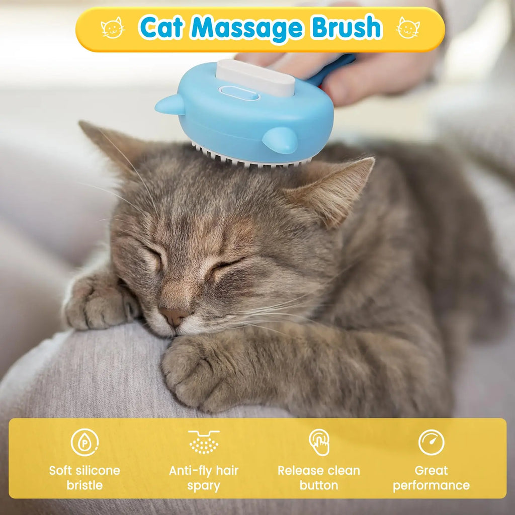 Cat Steam Brush 3 in 1 Pet Hair Grooming Tool Supply for Shedding With Soft Silicone Bristle Release Button for Short Hair Cats