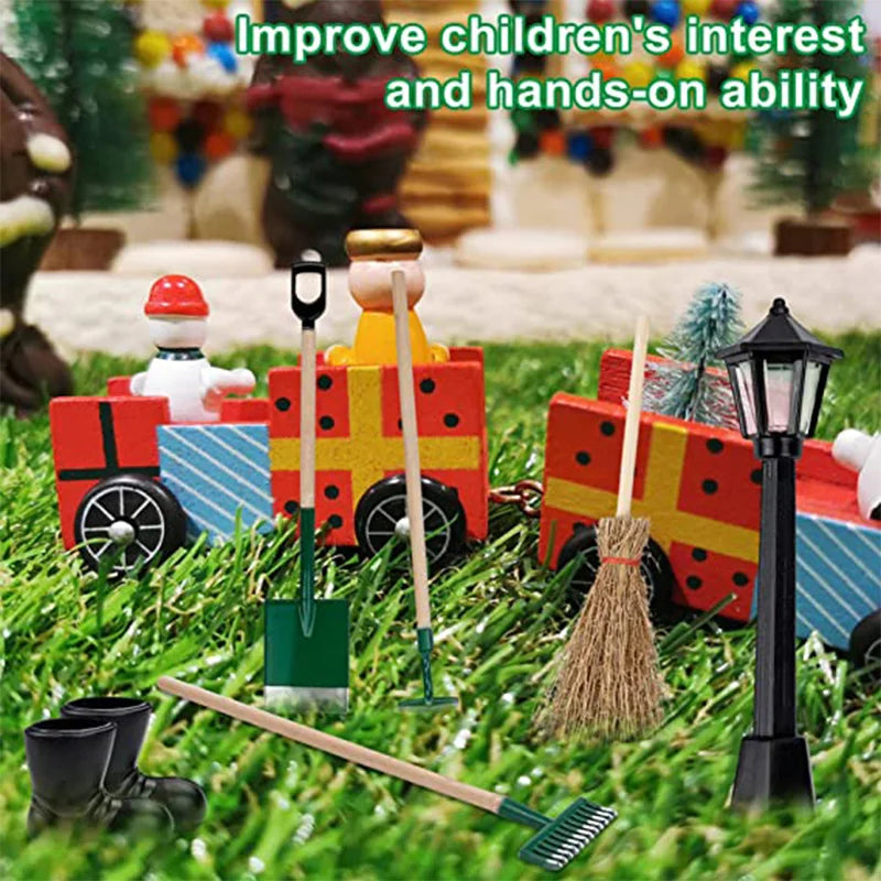 8PCS Miniature Dollhouse Fairy Garden Tools Mini Furniture Broom Kettle Street Lamp Rubber Boots Spade Pestle Rake Ornament Deco