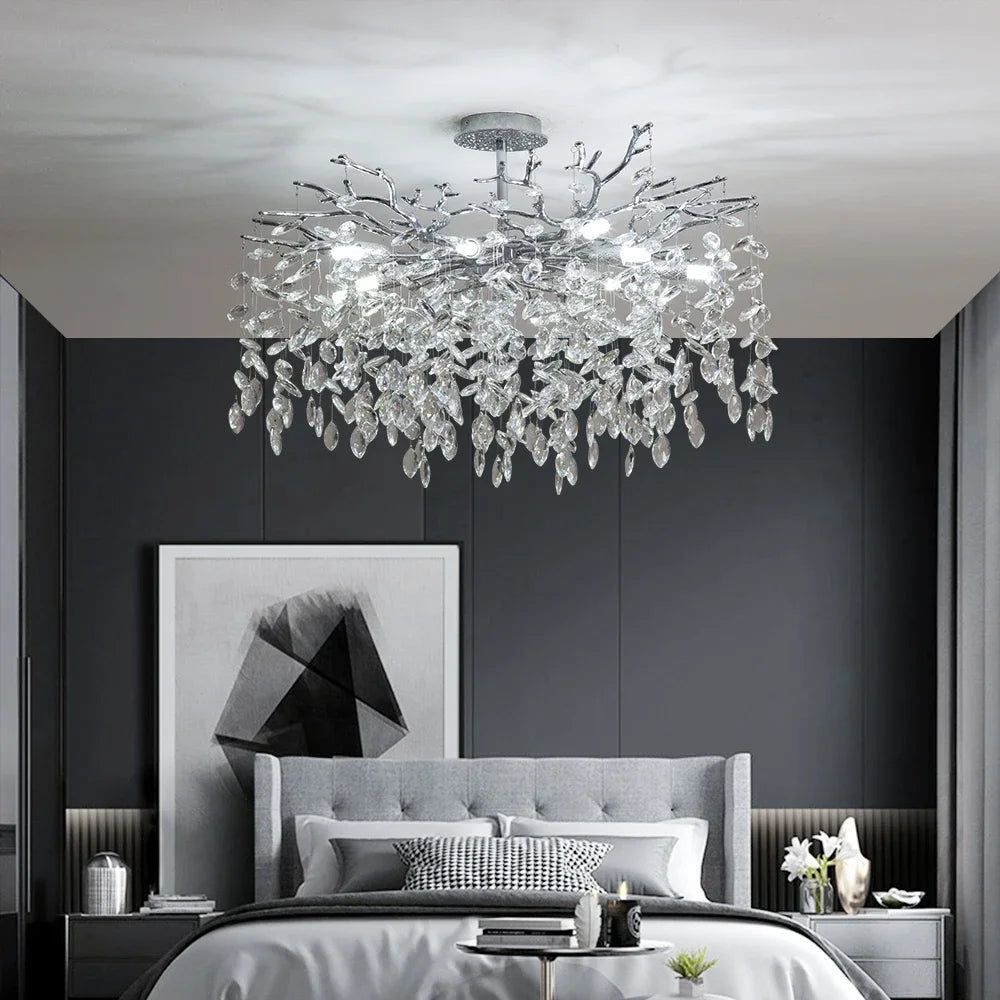 Round Chrome K9 Crystal Ceiling Chandelier For Bedroom Living Dining Room Kitchen Table Modern Crystal Branch Pendant Chandelier
