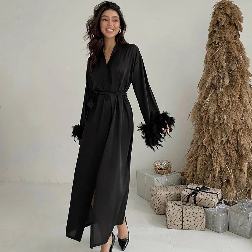 Fashion Black Feather Long Robe Dress Negligee Spring Summer Female Pajama Sleepwear Sexy Satin Nightgown Bathrobe Home Wear