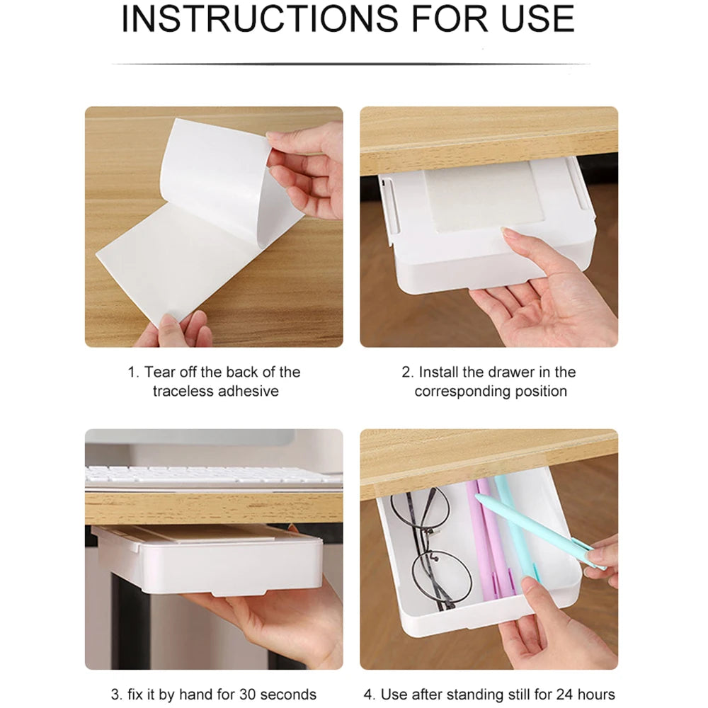 Under Desk Drawer Self-Adhesive Stationery Storage Box Multifunctional Hidden Under Desk Organizer for Home Kitchen Office Table