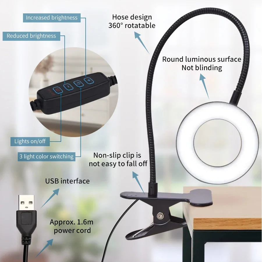 LED Desk Lamp Clip Light Rechargeable Dimmable Gooseneck Reading
