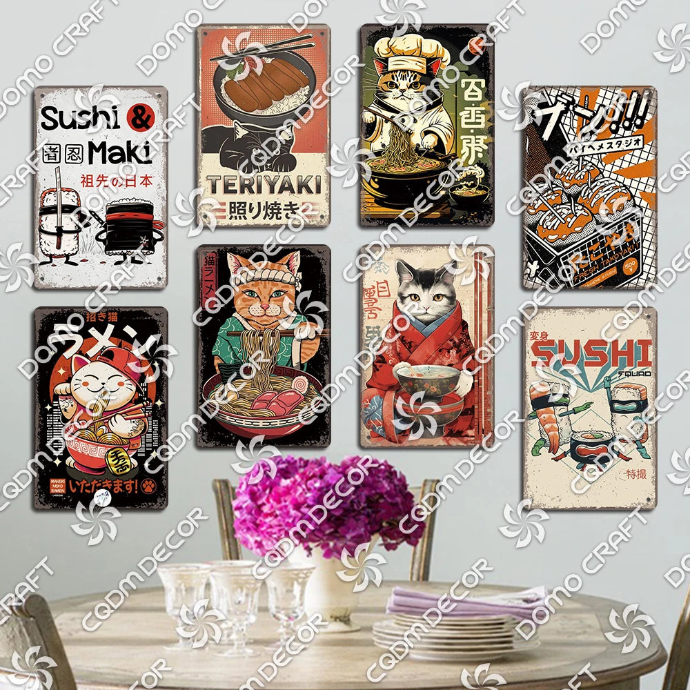 Cartoon Cat Japanese Food Plaque Tin Sign Retro Ramen Sushi Takoyaki Poster Metal Plates Bar Pub Restaurant Kitchen Wall Decor