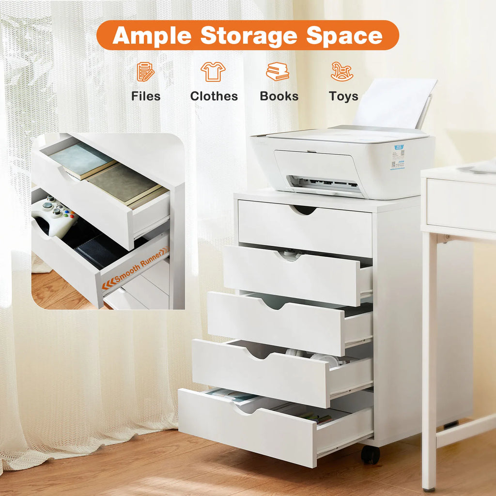 JHK Wood Nightstand Cabinet 5 Drawers Waterproof Surface Storage