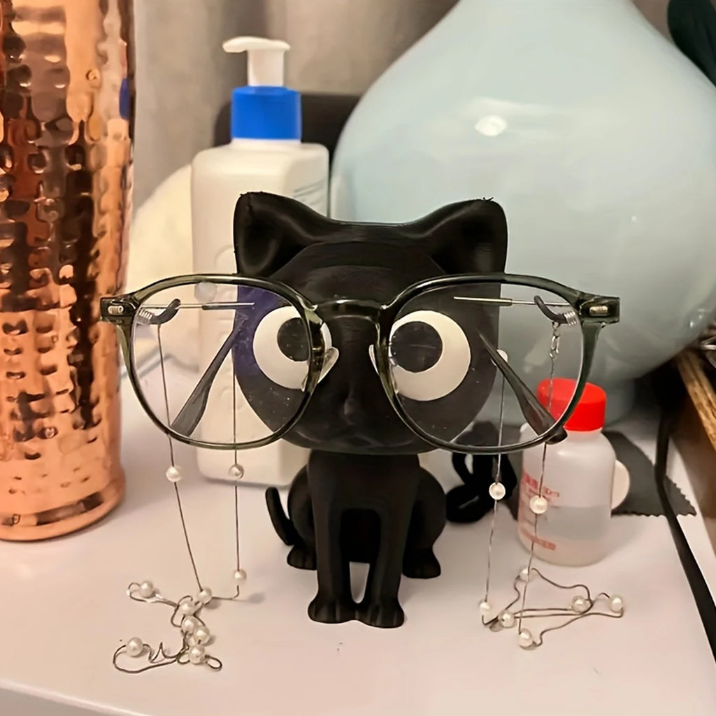 Cute Black Cat Glasses Holder Fashion Eyeglass Stand with Sitting Kitten Pose Adorable Desk Organizer for Home Office Room Decor
