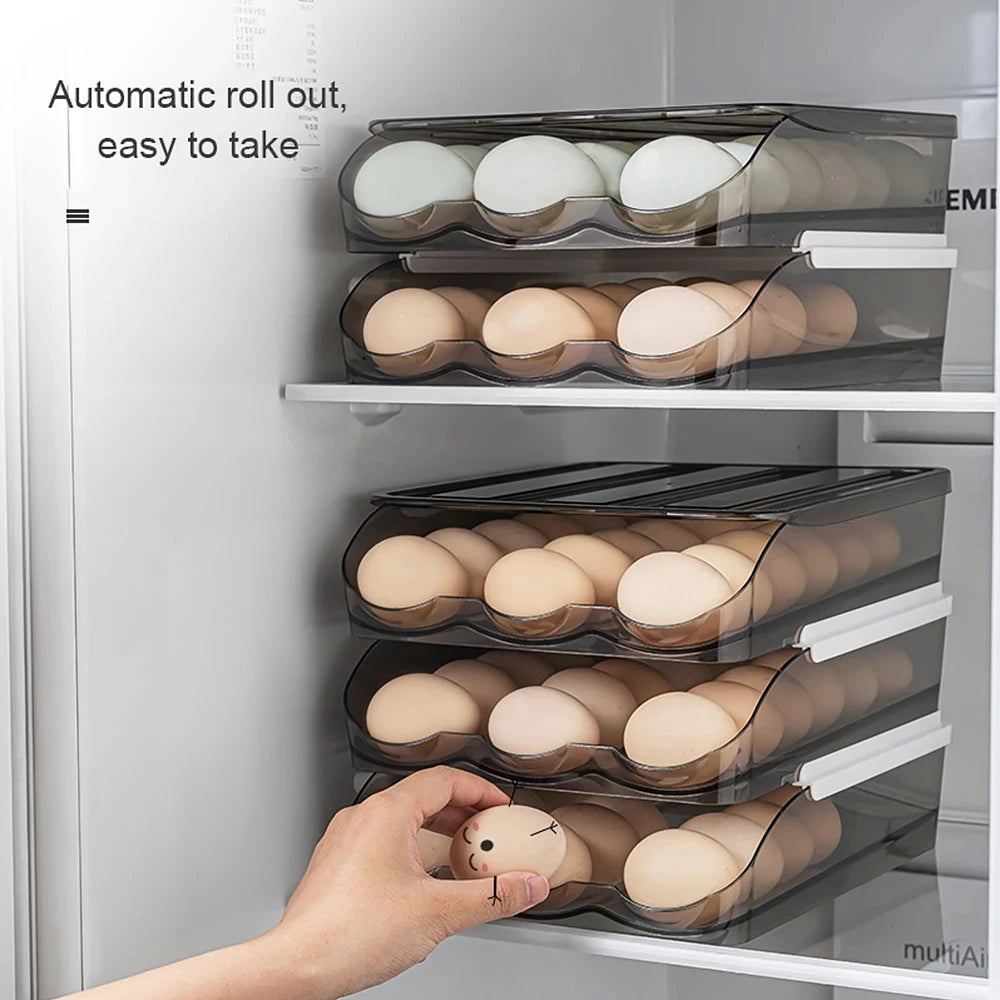 Automatic Slide Egg Storage Box Transparent Drawer, Stackable Rolling Eggs Rack Egg Tray Holder Basket, Kitchen Fridge Organize