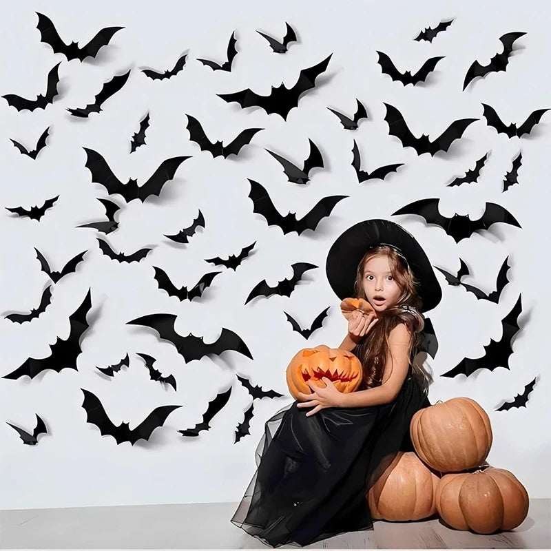 12Pcs/set Halloween 3D Black Bat Wall Stickers For Home Room Decoration Scary Props Kids Party Favors Wall Decals Window Sticker