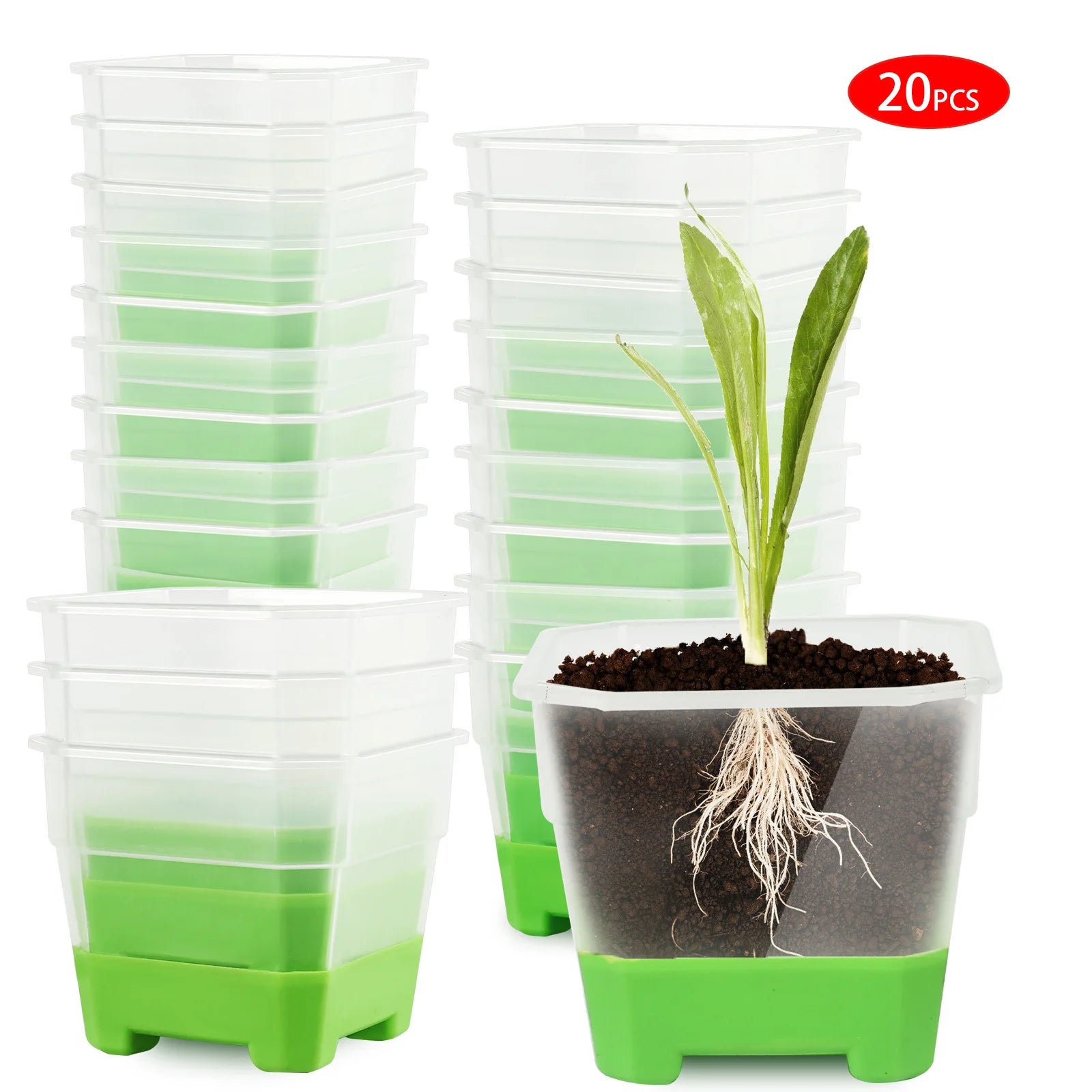 20pcs Seedling Pots - Reusable square planters with flexible silicone base and drainage holes to promote seedling root growth.