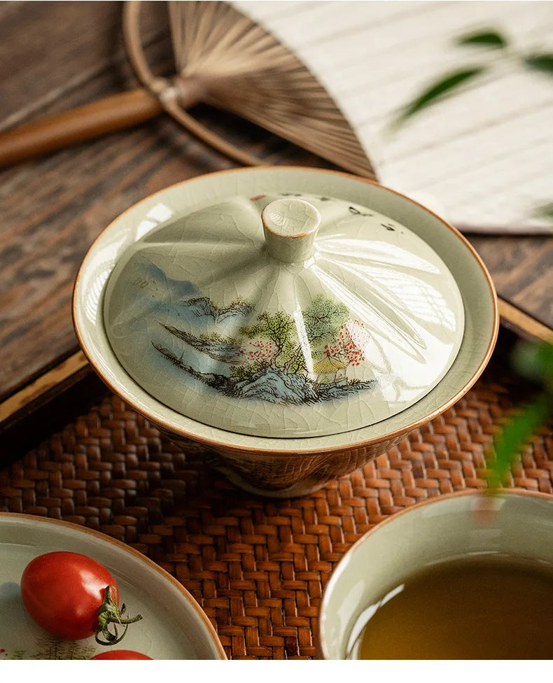 Jingdezhen-Ceramic Tea Cup with Bamboo Hat, Traditional Handmade Tea Ware, Single Bowl, Kung Fu Tea with Lid, Sancai Gaiwan