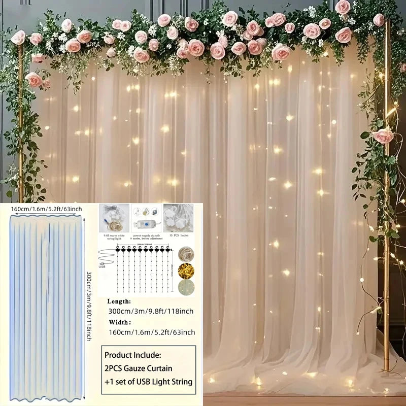 3M LED White Tulle Backdrop Curtains with Light Decoration