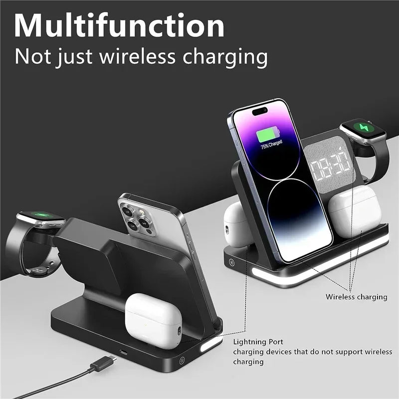 Phone Watch Wireless Charger with LED Light Clock Alarm For iPhone 16/15/14/13/12 Apple Watch 2-10 SE  Airpods Pro Fast Charging