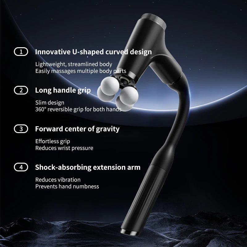 U-Shaped Long Handle Massage Gun, Ergonomic Deep Tissue Percussion for Back/Neck/Waist, 4 Heads & Adjustable Speed
