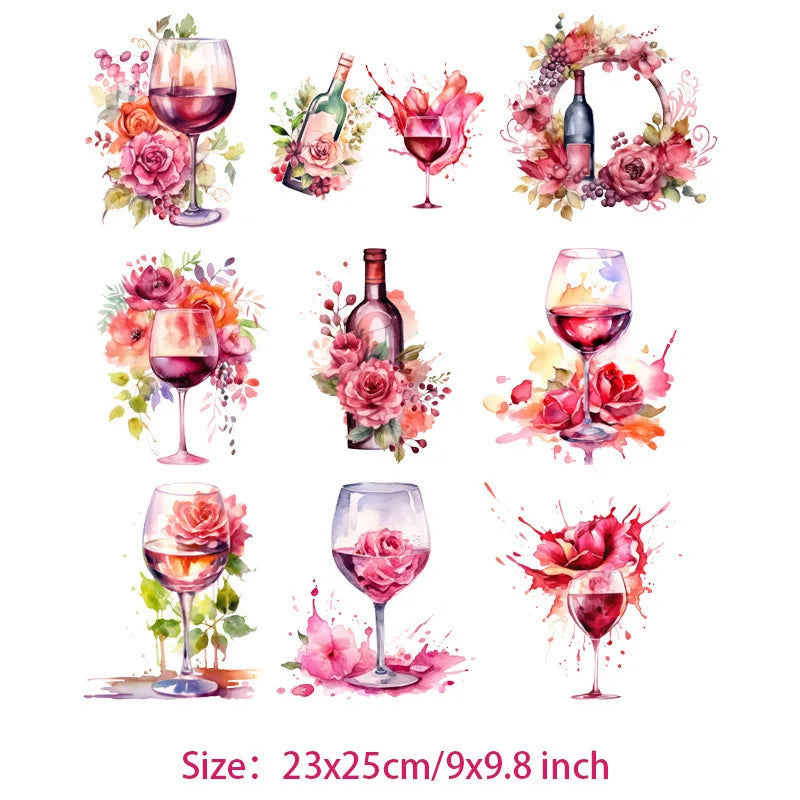 Interesting watercolor wine Glass flower Heat Transfer On Children's clothing dtf transfers ready to press iron on heat transfer