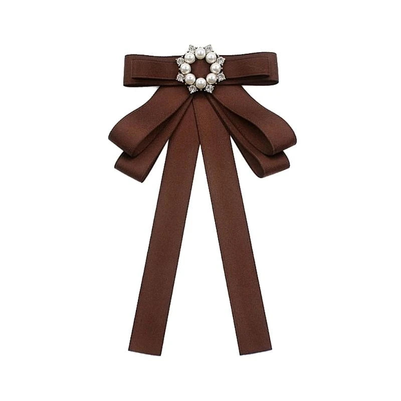 Ribbon Bowtie Brooch Pin Student Uniform Pre Tied Necktie Clip Vintage Brown Plaids Bowknot Corsage Shirt Jabot Collar