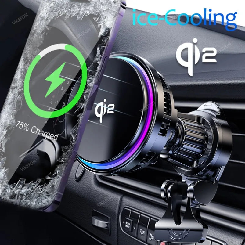 Tempered Glass 15W QI2 Wireless Charger ice Cooling Phone Holder For Magsafe iPhone 16~12 Magnet Cellphone Bracket Fast Charging