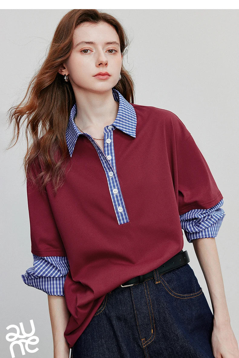 TOYOUTH Women Hoodies Sweatshirt 2025 Autumn New Spliced Fake Two Piece Polo Collar Striped Casual Pullover Tops