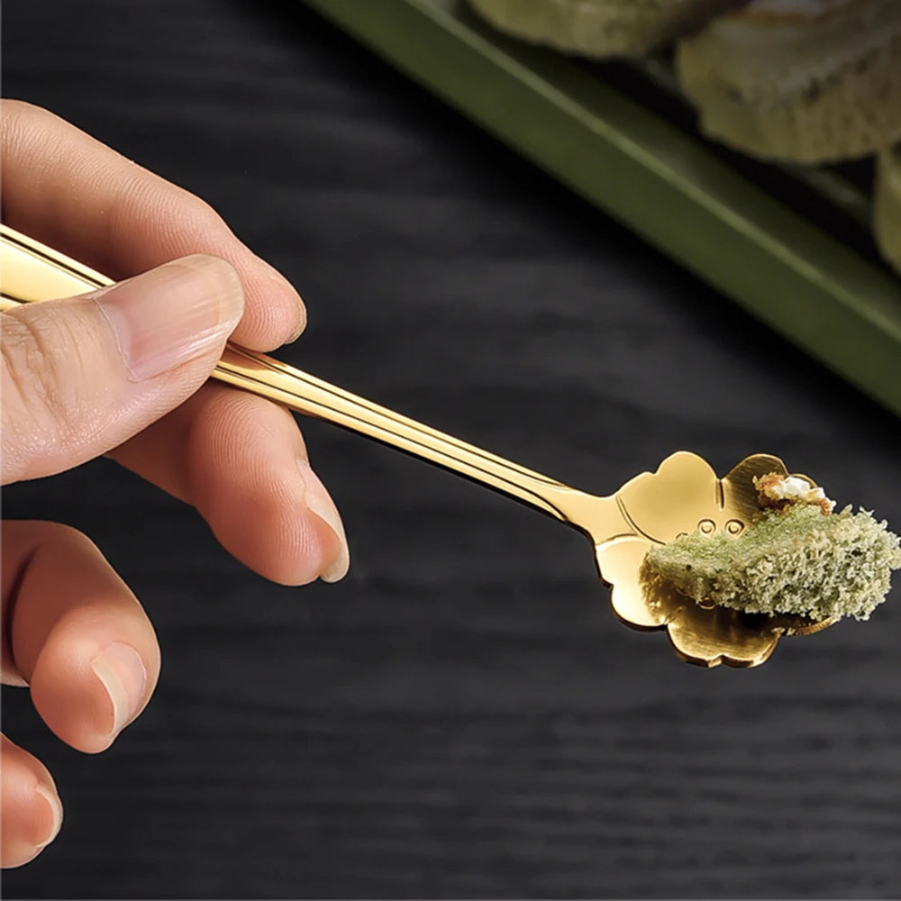 Flower Shape Coffee Spoon Gold Stainless Steel Dessert Spoon Ice Cream Scoop Tableware Kitchen Accessories
