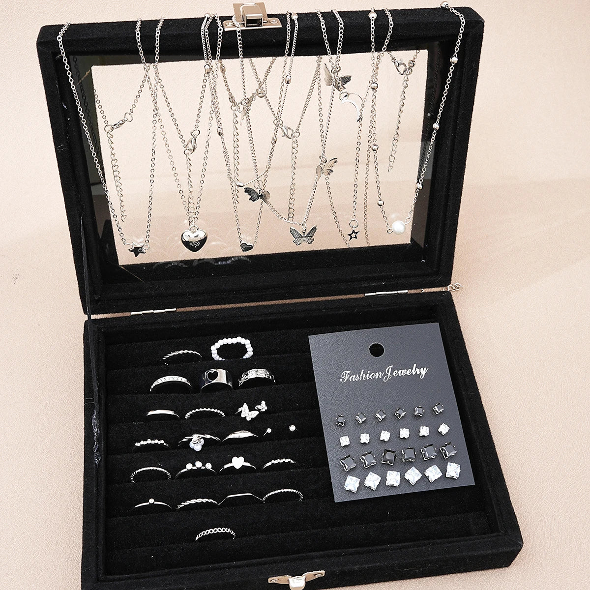 51 Pcs/Set Silver Color Chic Jewelry Set For Women Fashion Butterfly Heart Pearl Necklaces, Earrings, Rings, Match Daily Outfits