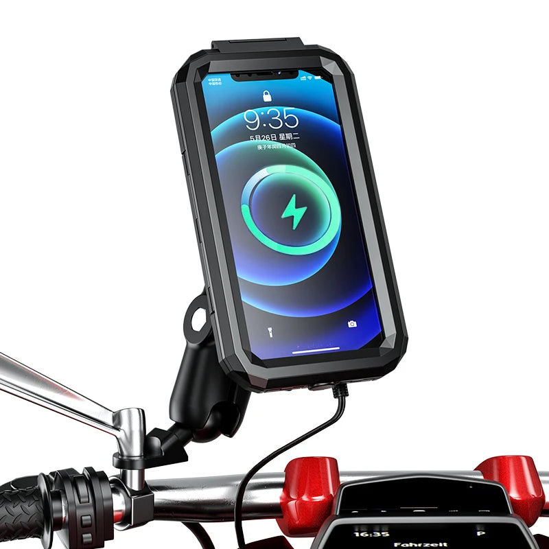 2022 Waterproof Case 12V Motorcycle Phone Holder Wireless Charger 15W Qi/ Type C PD USB Fast Charge Mount Box Double Socket Arms