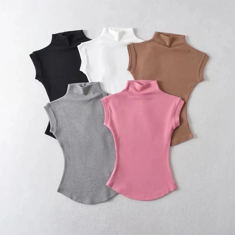 Women Summer Sexy Turtleneck Sleeveless T-Shirts Tops Solid Slim