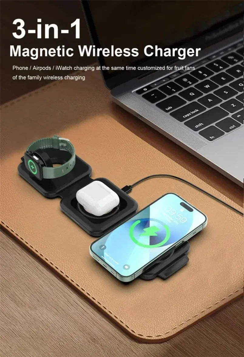 3 In 1 Magnetic Wireless Charger 30W Fast Charging Station Pad Foldable Phone Chargers Stand for iPhone 16-12 IWatch 8 7