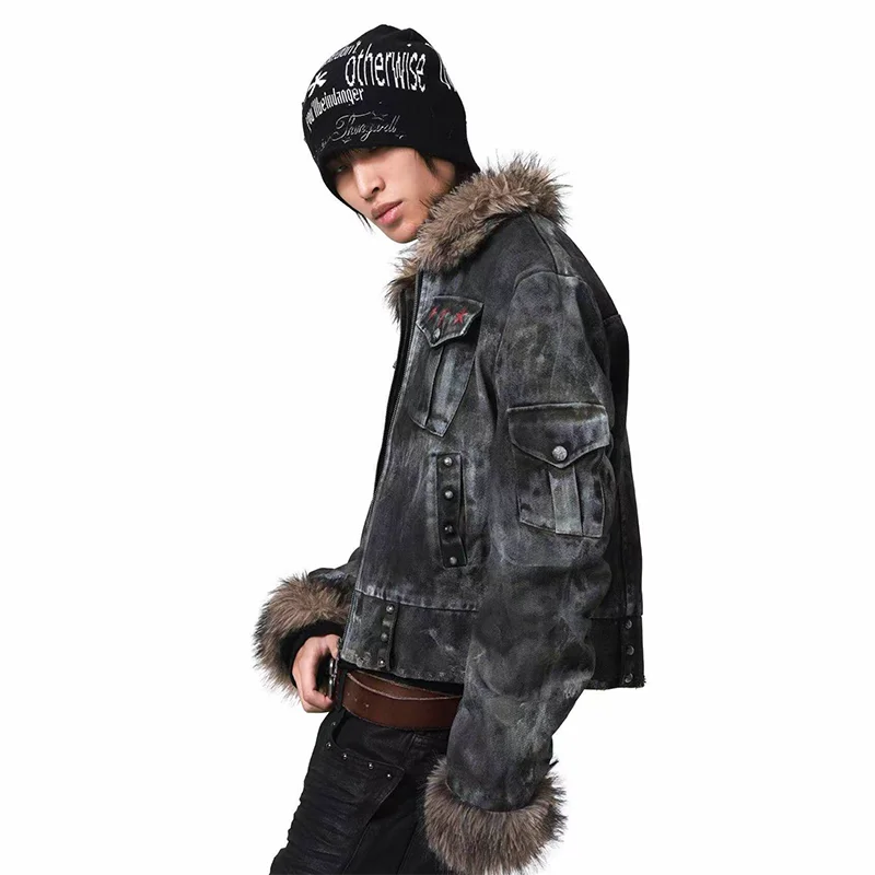 MWJLPWQ Washed Distressed Jacket Stains Irregular Damage Rivets