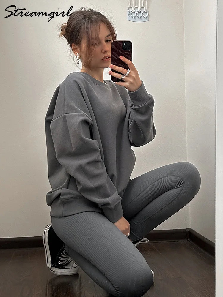 Autumn Oversized Sweatshirts Women Cotton Loose Pullovers Red O Neck Warm Sweatshirt For Women Oversize Winter Clothes Fleece