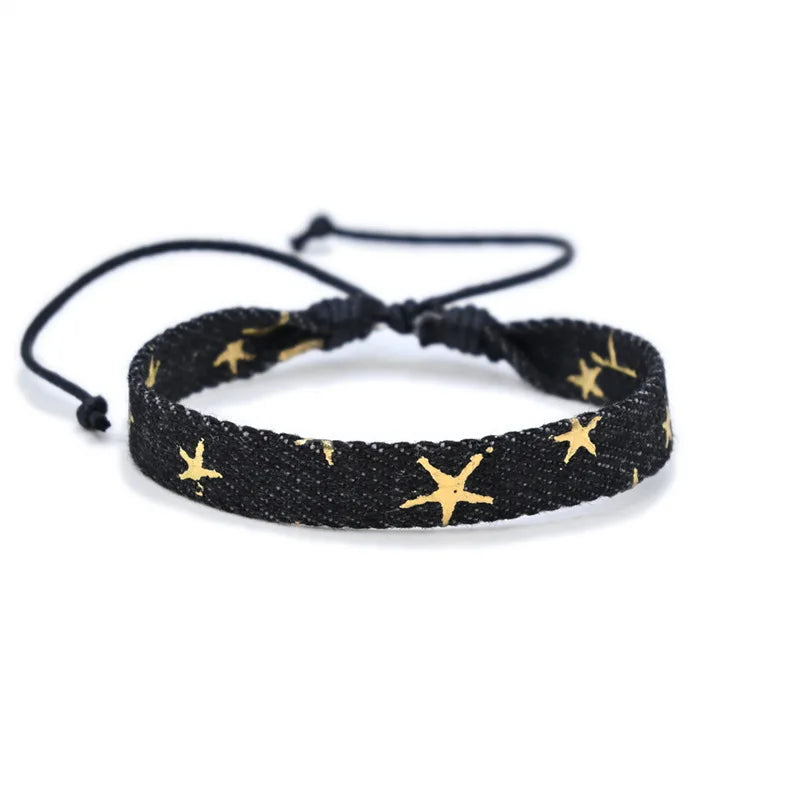 Vintage Star Pattern Blue Literary Denim Fabric Bracelet For Women Men Gothic Ethnic Handwoven Wrist Strap Fashion Jewelry Gift
