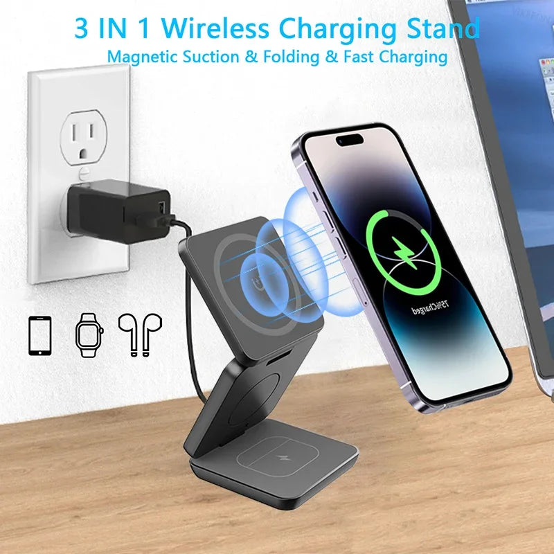 3 in 1 Foldable Magnetic Wireless Charger Stand Macsafe for iPhone 15 14 13 12 Apple Watch 8 7 6 Airpods Fast Charging Station