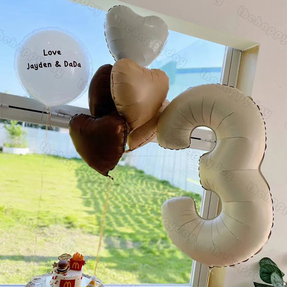 10/5/1Pc Brown Beige Cream 18inch Heart Balloons Cream Number Balloons 1 2 3 4 5 6 Birthday Number Foil Balloon Helium Air Globo