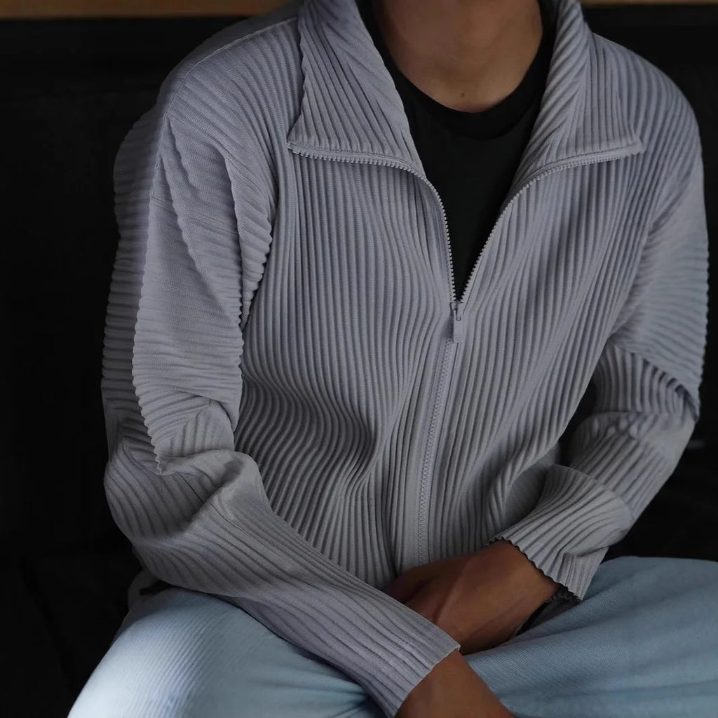 Miyake Men's Pleated Jacket Long Sleeve Standing Collar Fold Jacket Coat High Collar Zip Sweatshirt 2025 Spring Summer New Tops