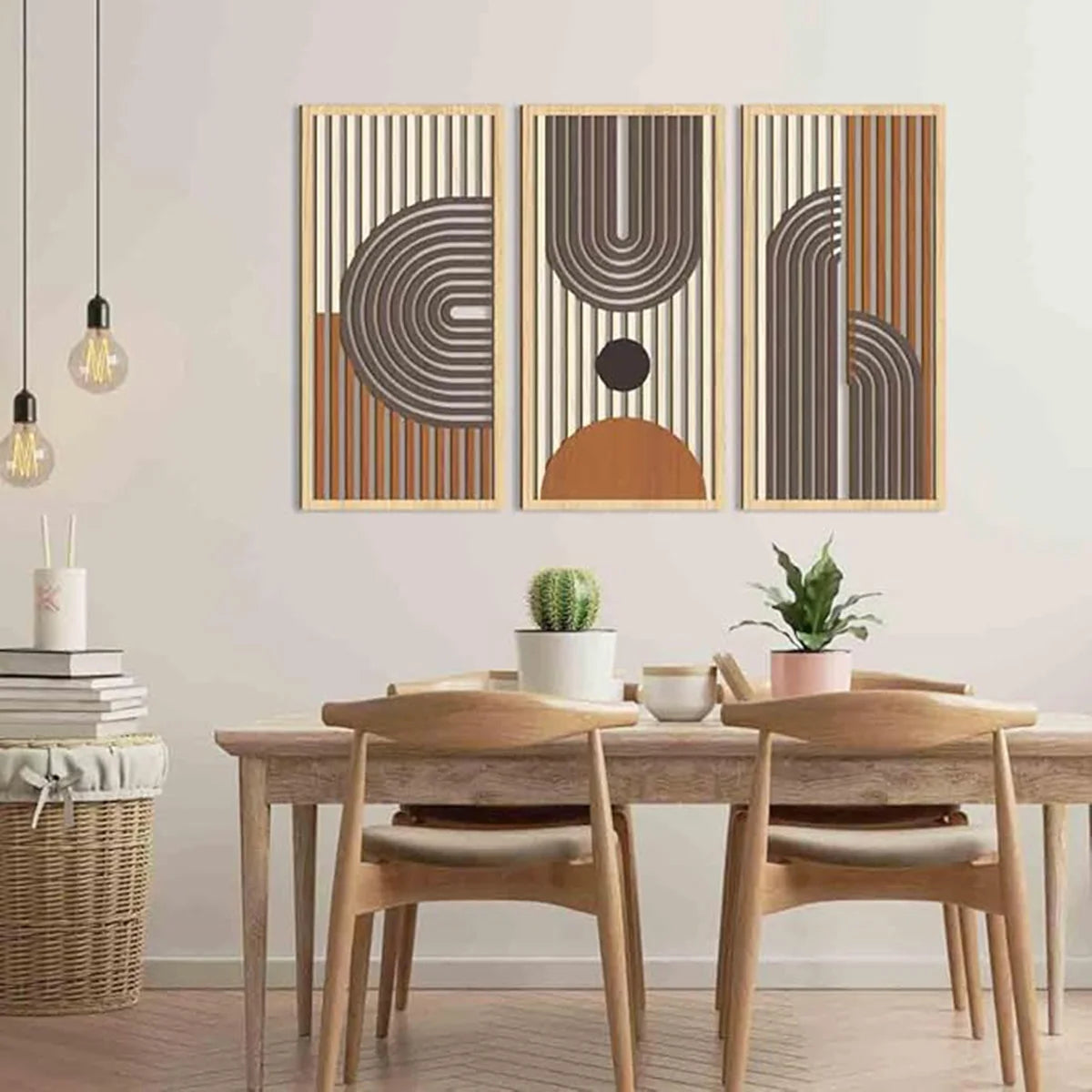 3pcs Bohemian Style Hollow Wooden Wall Art Abstract Geometry Decorative Pieces for Bedroom Living Room Dining Room Porch