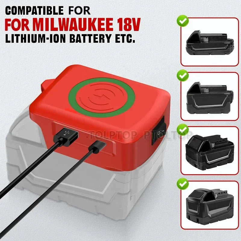 Li-ion Battery wireless Phone charger for Makita/Dewalt/Milwaukee18V with USB TYPE-C Port Fast charging Portable Power Bank