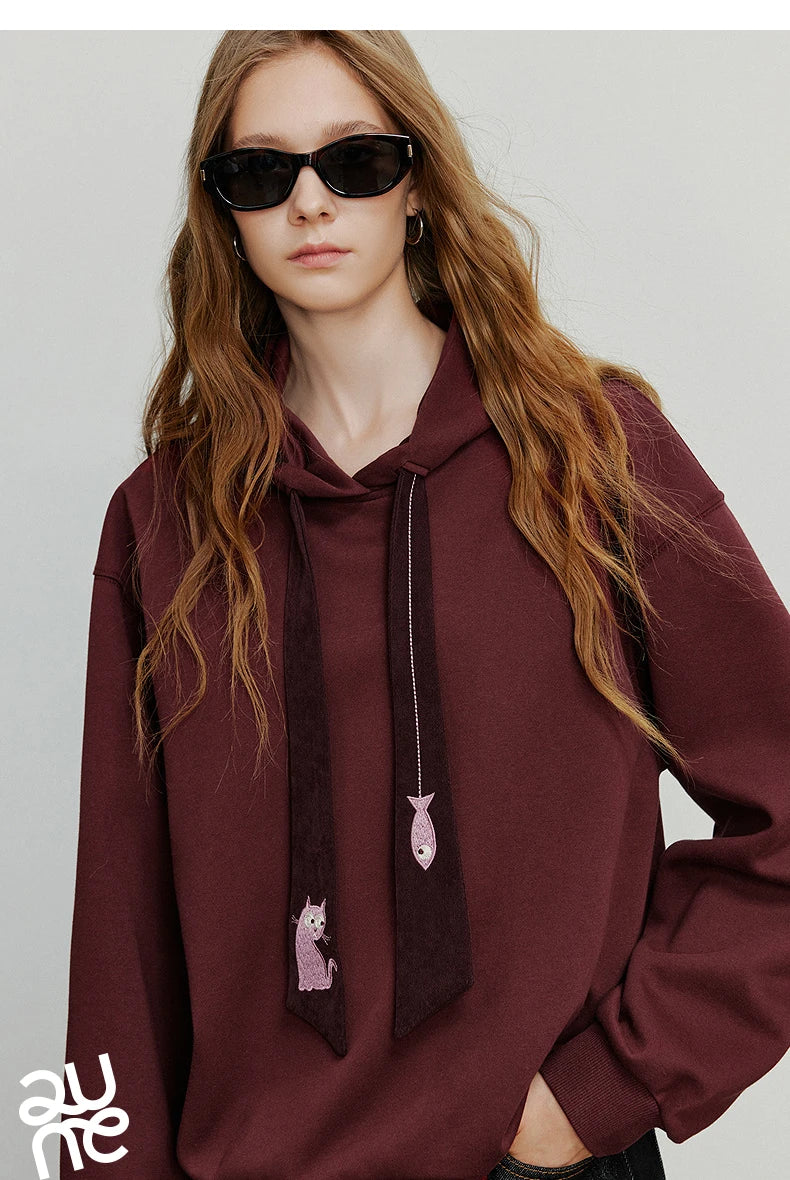 TOYOUTH Women Hoodies Sweatshirt 2025 Autumn New College Style Cat Embroidery Tie Cotton Hooded Pullover Tops
